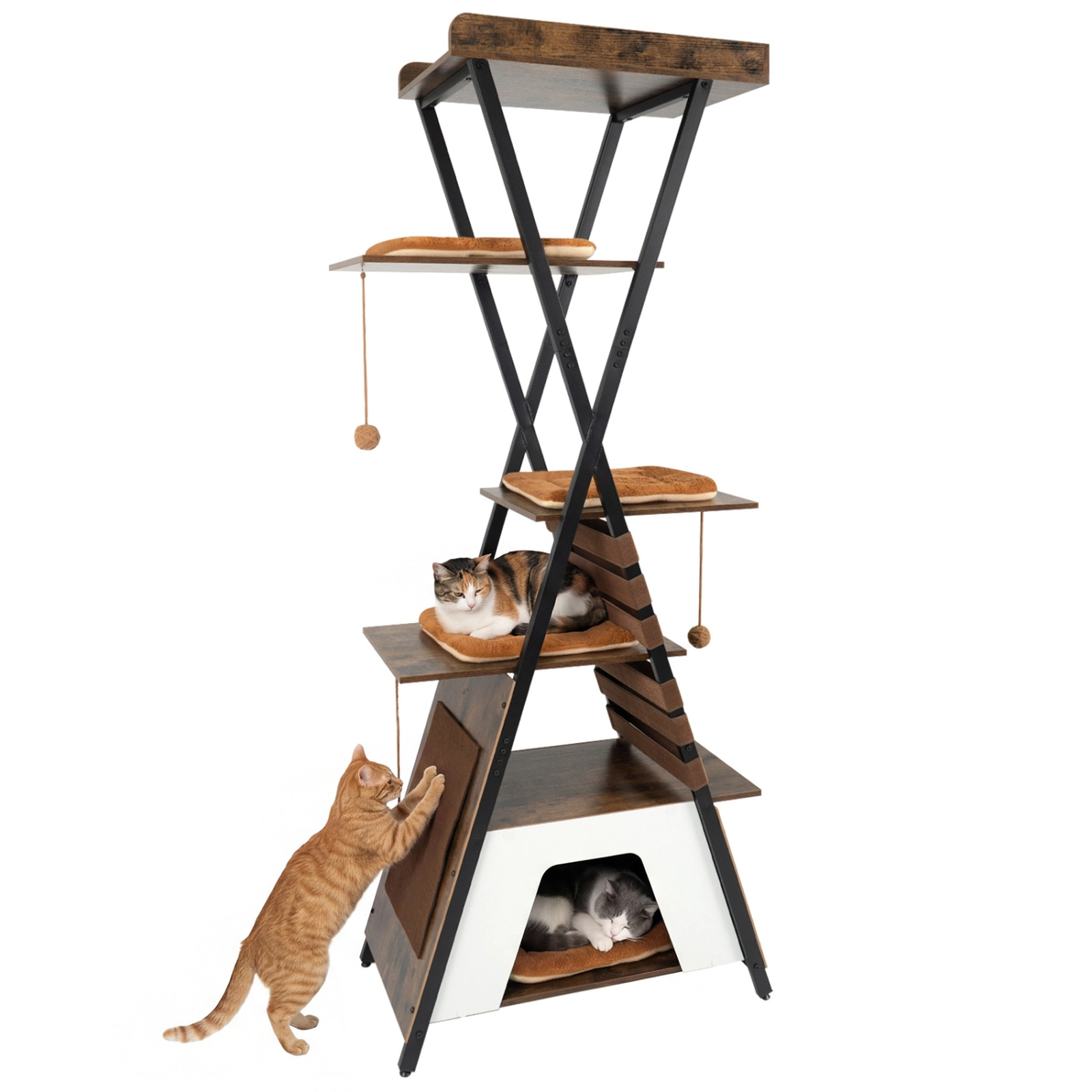 SUGIFT Rustic Brown X-Frame Metal Base and 27 in Condo 73 in Cat Tree