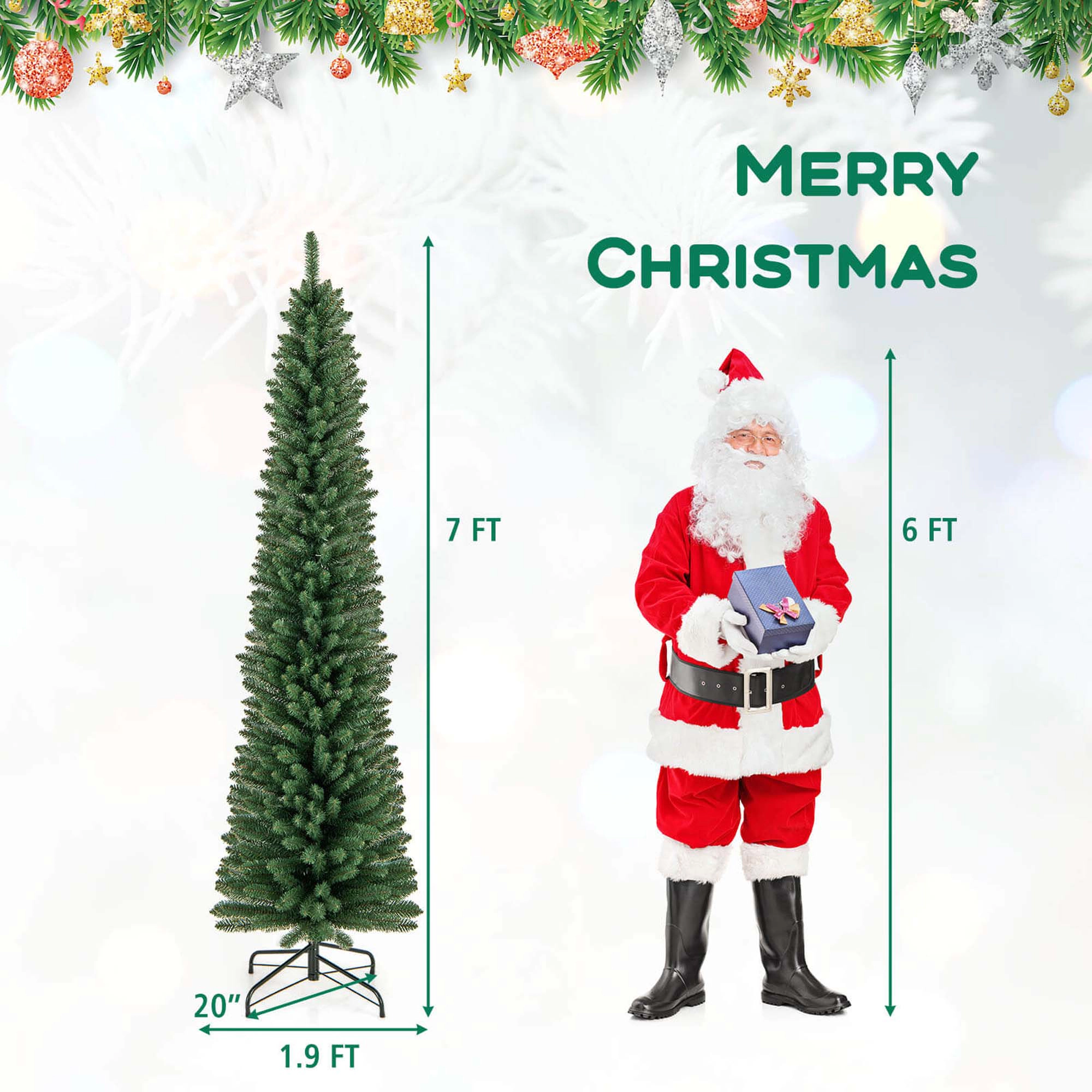 Costway 5/6/7/8 FT Pencil Christmas Tree Artificial Xmas Tree with 523 Memory Wire Branch Tips