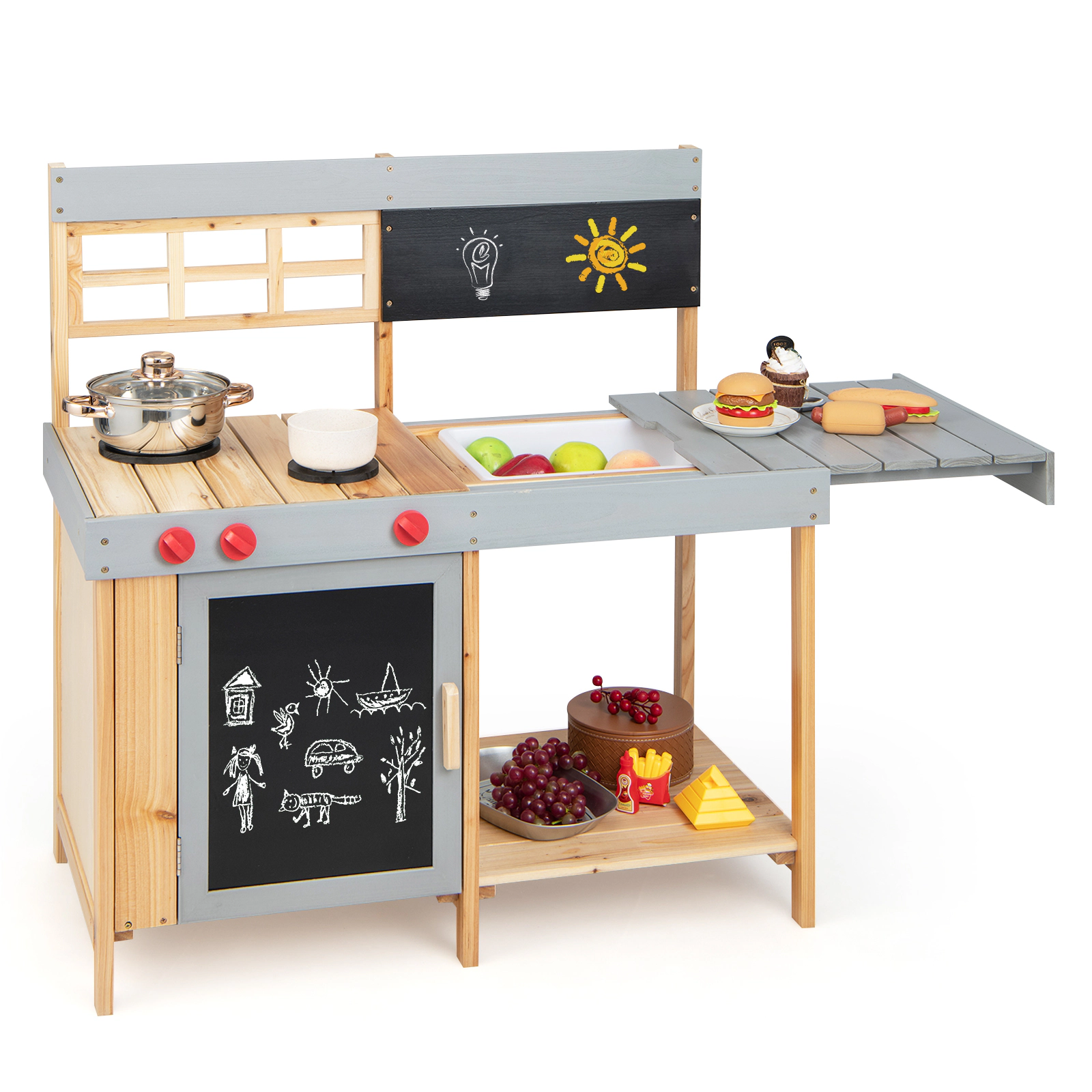 SUGIFT Toddler Natural Mud Kitchen Set with Detachable Water Box and Blackboard 35-in W 35.5-in H Ages 3+