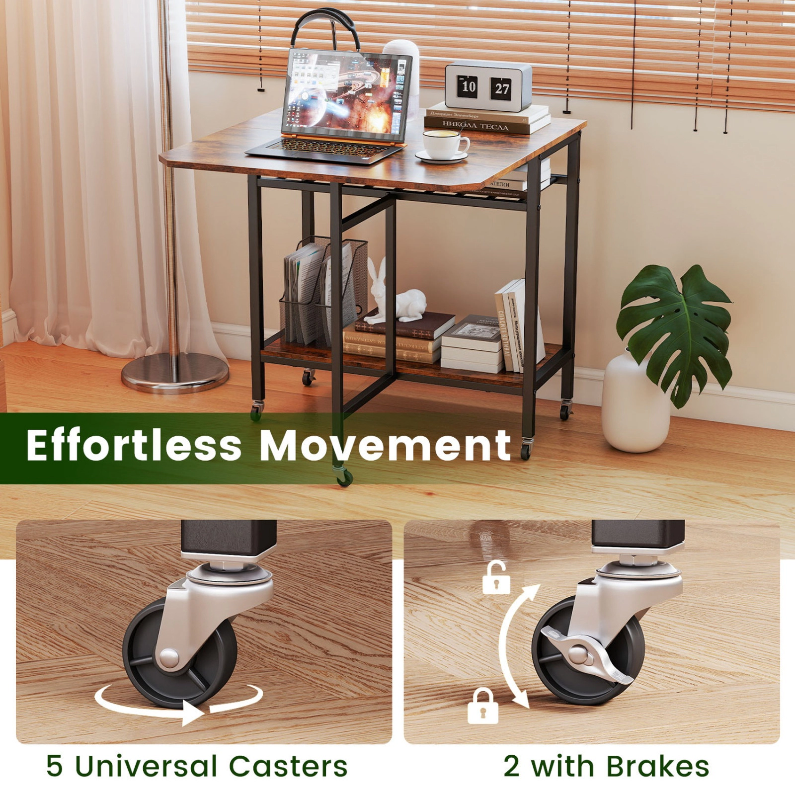 SUGIFT Rolling Drop-Leaf Dining Table with Wine Rack and Locking Casters