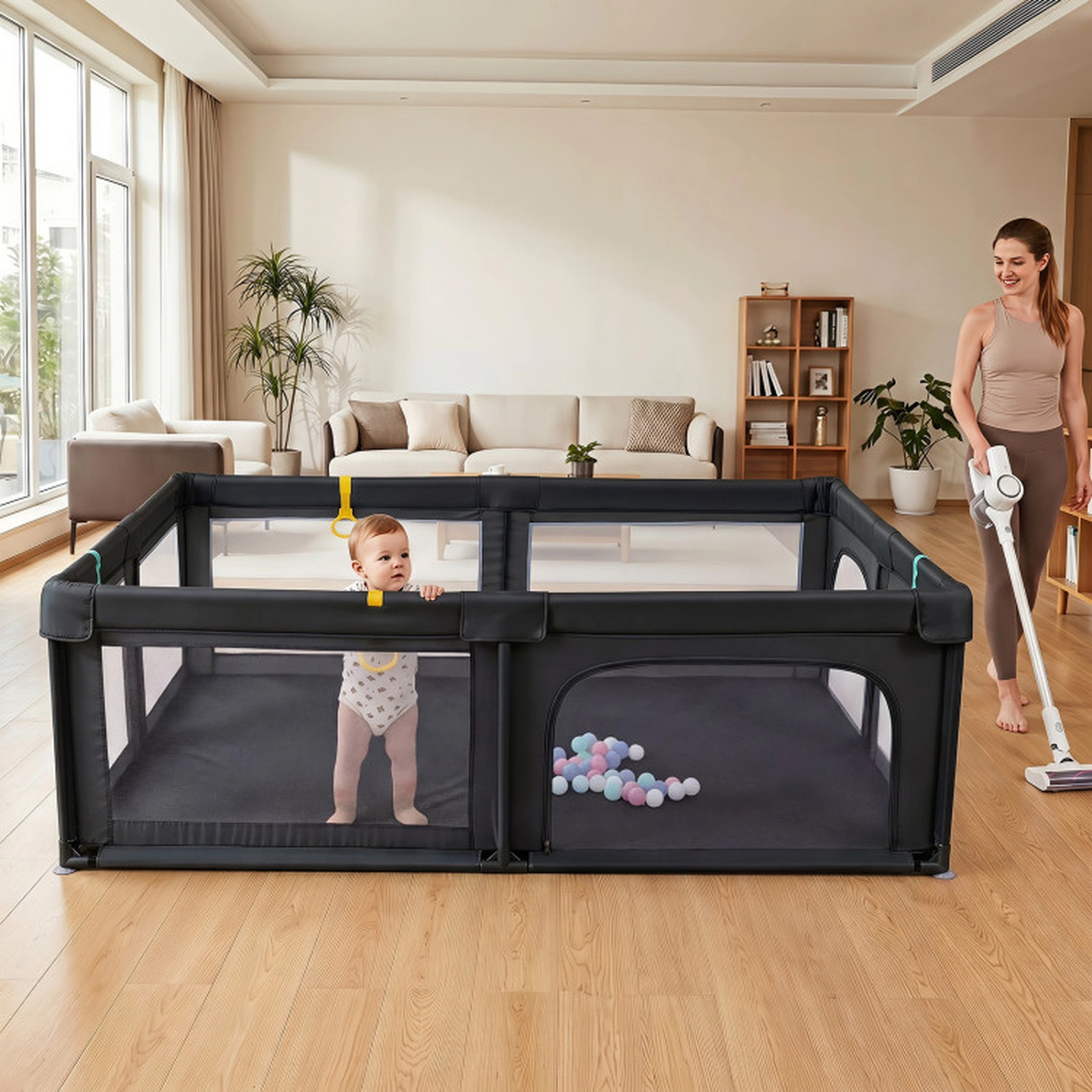 SUGIFT Baby Mesh Zippered Doors 4 Pull Rings 50 Ocean Balls Large Playard 79-in x 55-in x 27-in 14-lb Net Weight Black