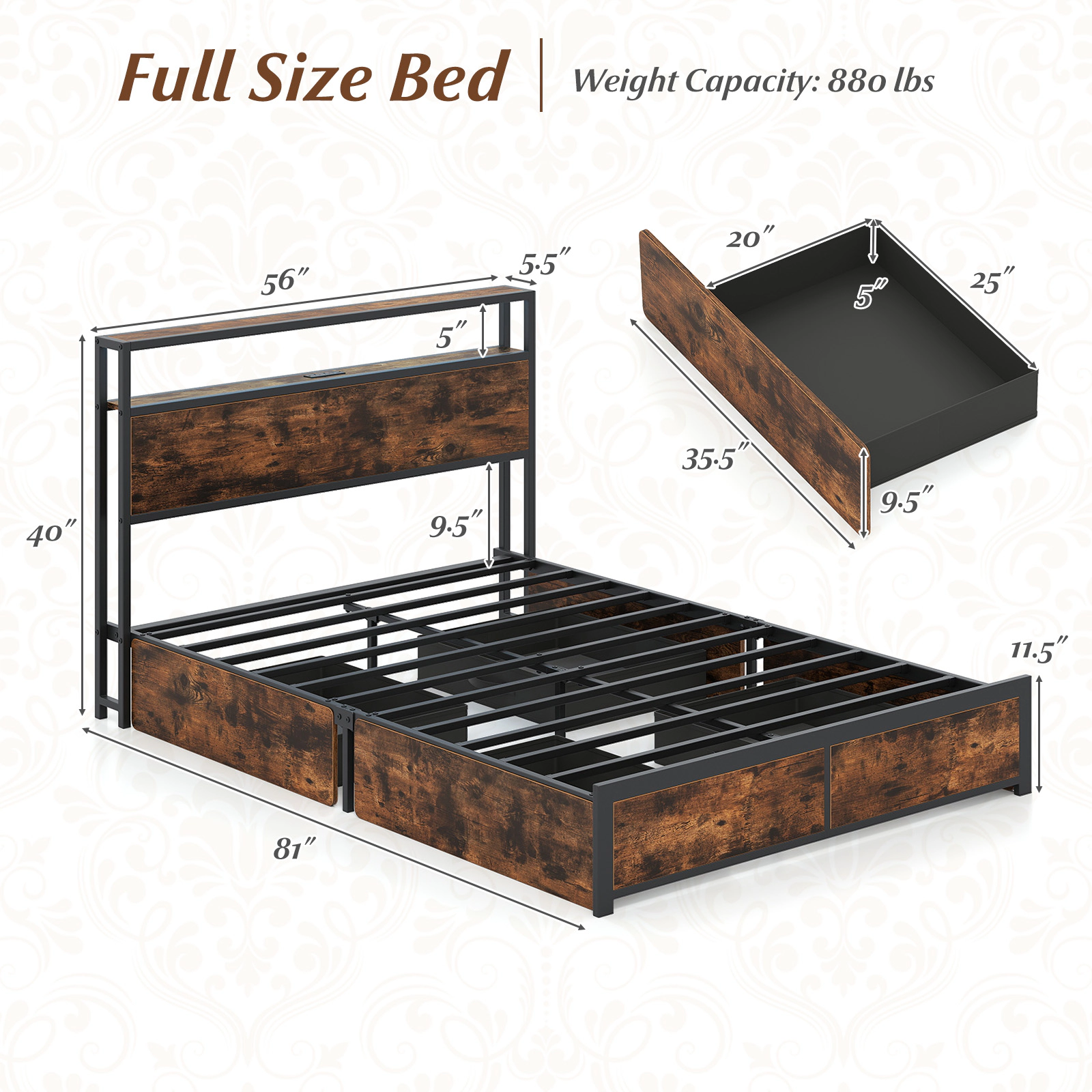 SUGIFT Full Size LED Bed Frame with Charging Station and 4 Storage Drawers 880-lb Capacity Rustic Brown + Black