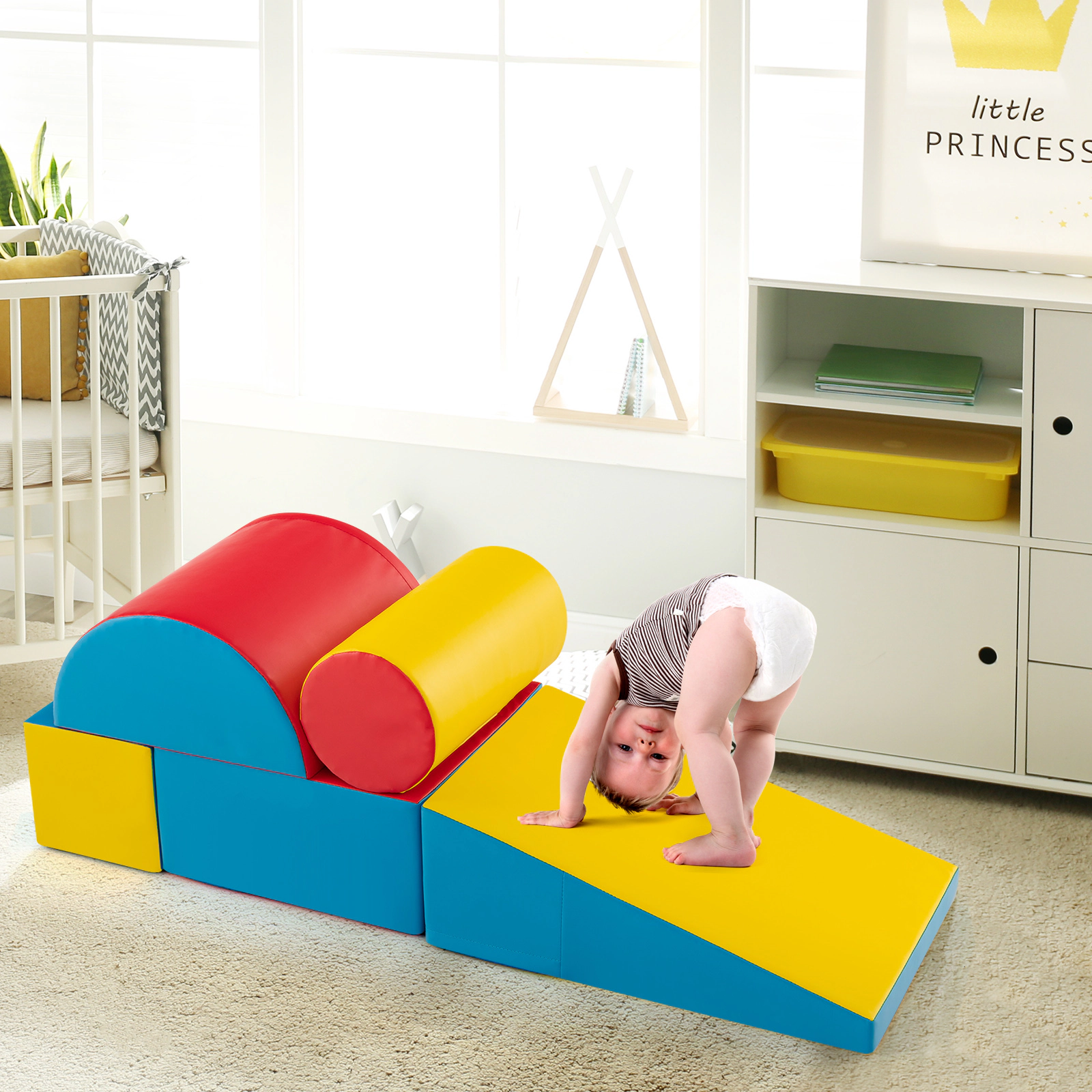5-Piece Toddler Climbing Toys Indoor Foam Play Gym Climber Set Soft Crawl Course Zippered PU Covers Red