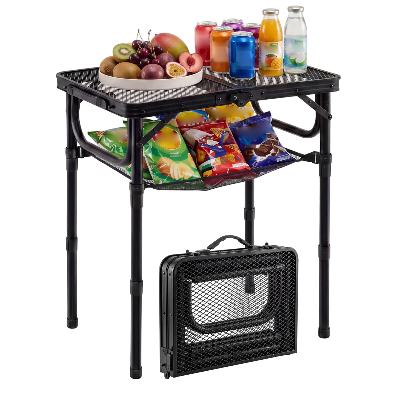 LJG 3-Height Folding Picnic Table with Large Storage Net and Handle