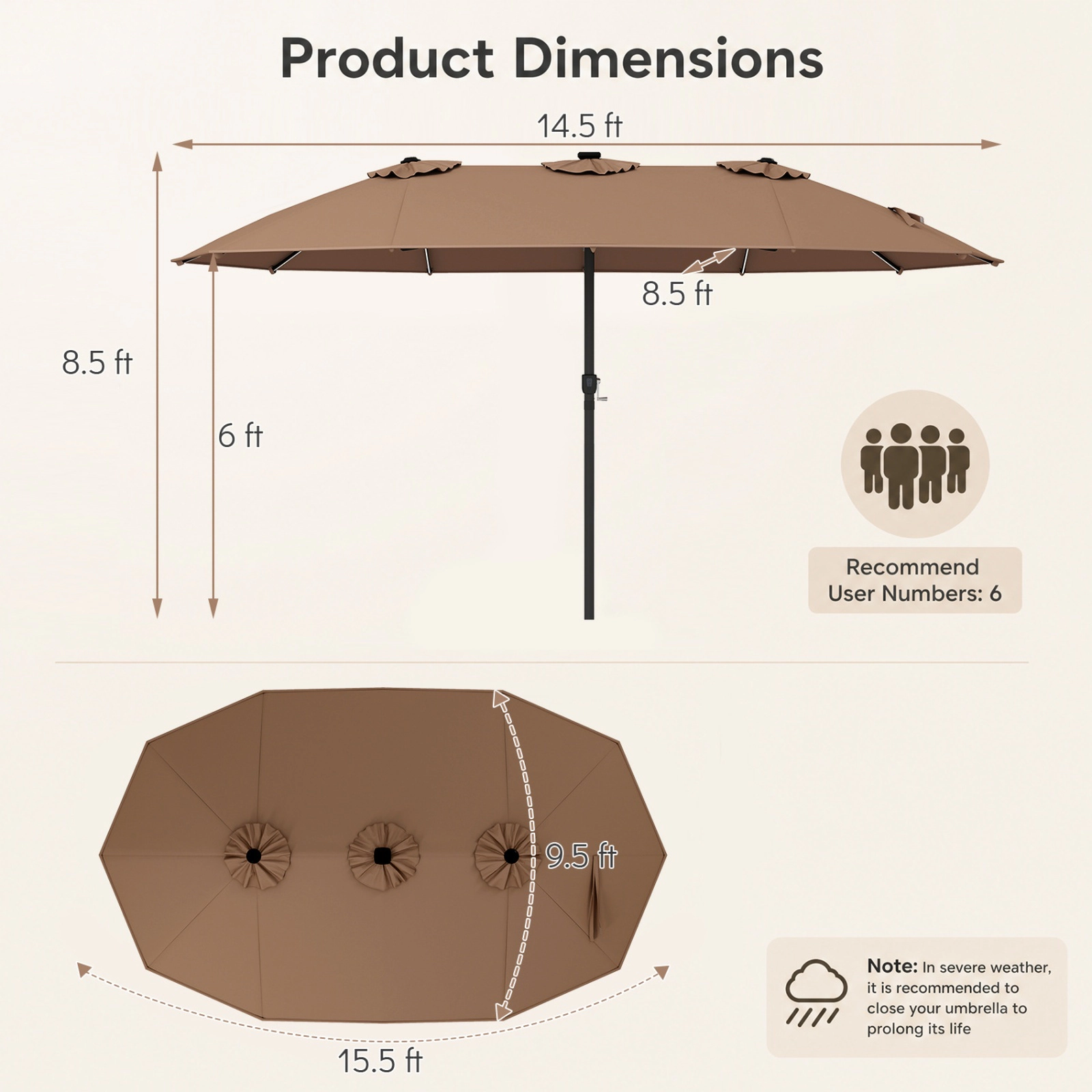 SUGIFT 144 Solar LED Lights and 12 Ribs 15.5 FT Extra-Large Double-Sided Patio Umbrella