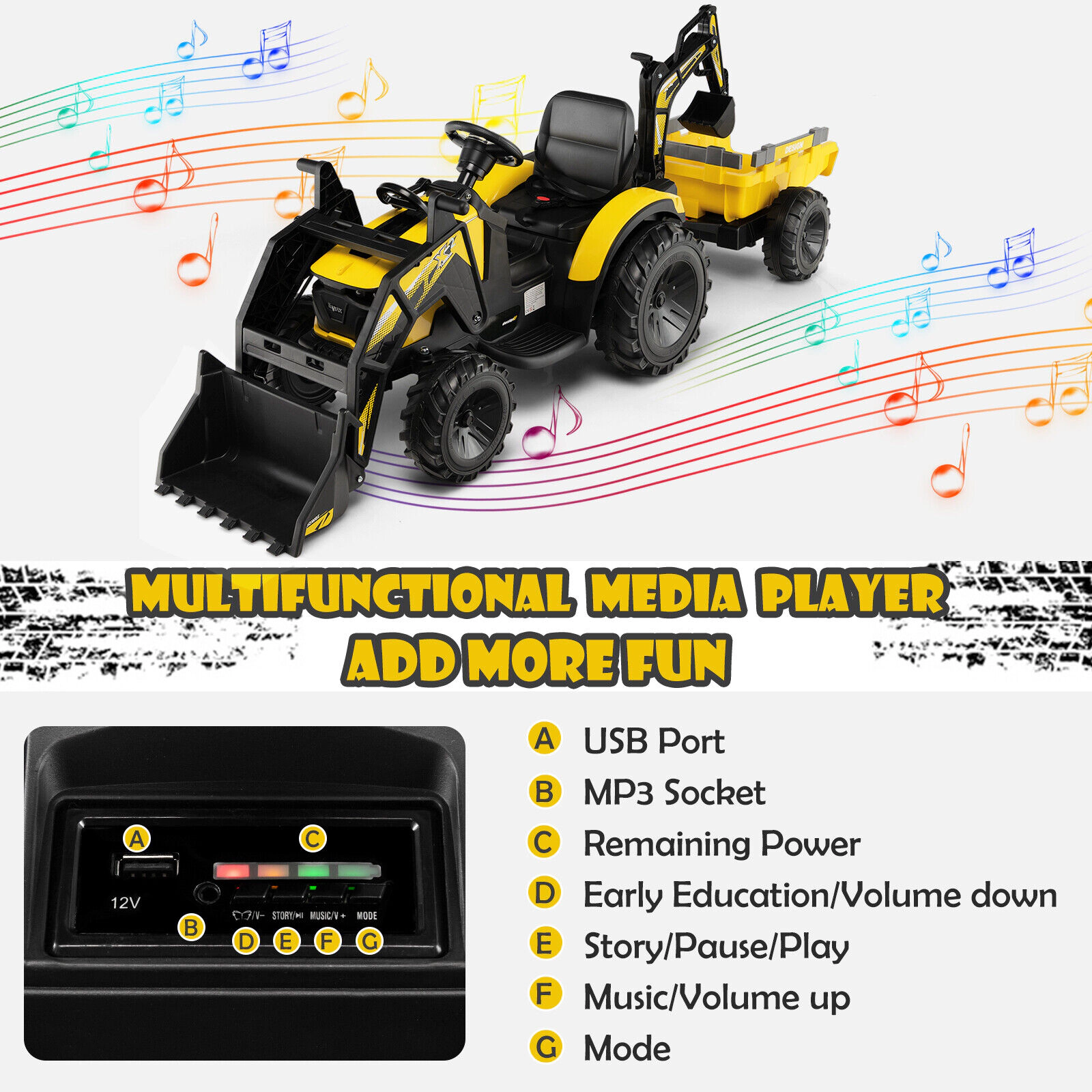12V 3-in-1 Kids Ride On Excavator Shovel Bucket Digging Arm Trailer Battery Display Parent Remote Tractor Kids Yellow