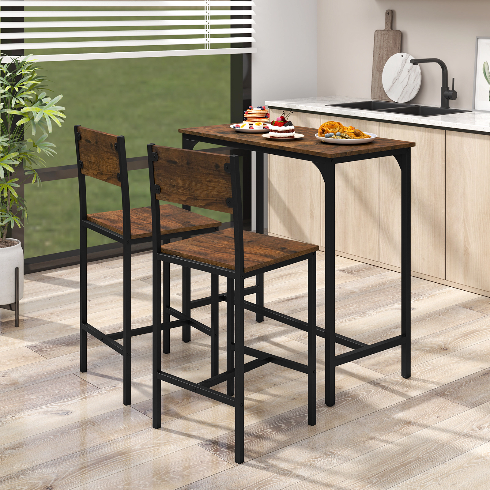 SUGIFT 3-Piece Rustic Brown Bar Table Set, 35.5-in Table with 2 Backrest Chairs