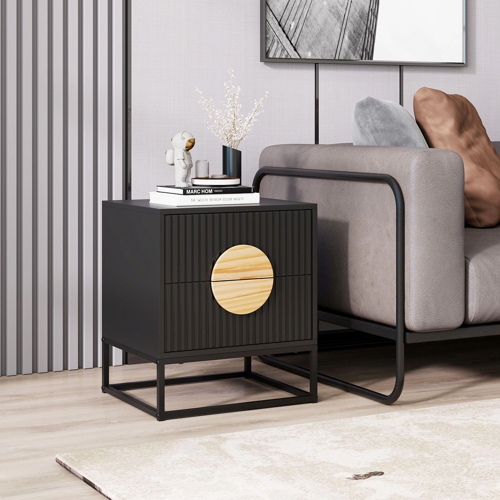 SlickBlue Fluted 2-Drawer End Table with Metal Frame