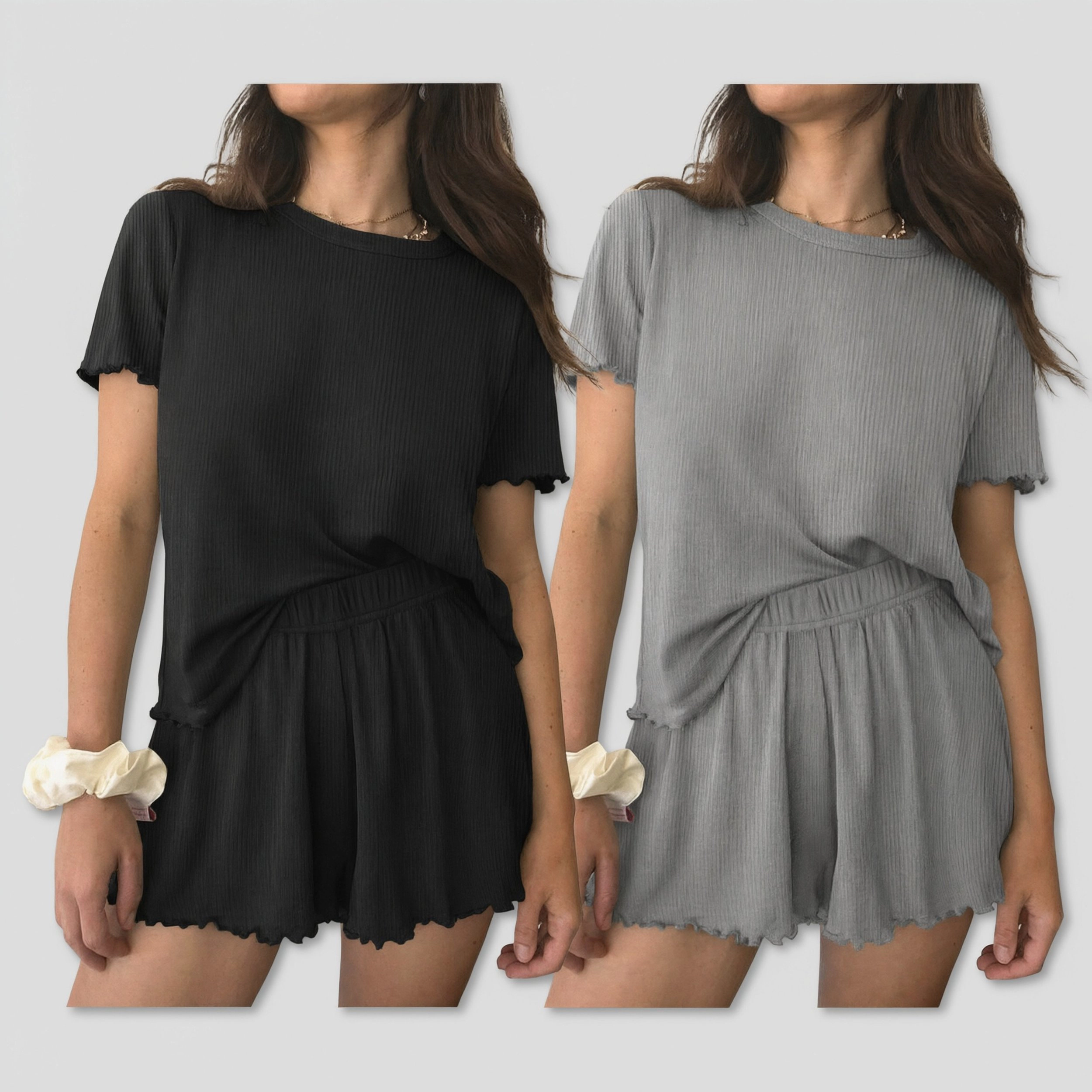 Ekouaer Women's Crew Neck Short Sleeve Ribbed 2 Piece Lounge Set