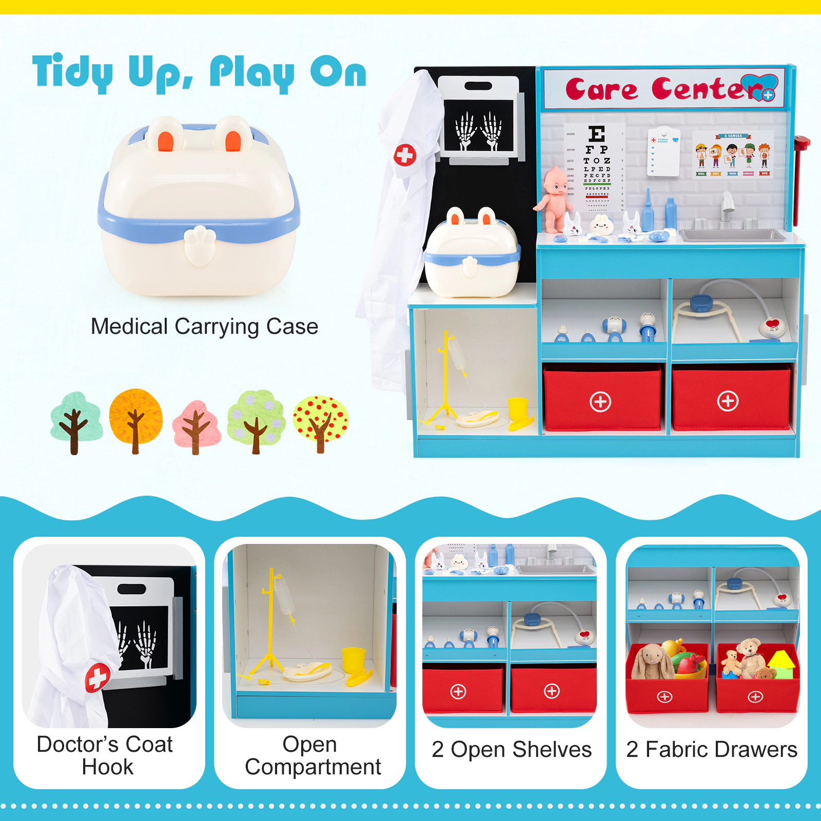 Wooden Doctor Playset X-Ray Film ECG Monitor Eye Chart 33.5-in Kids Medical Toy Set 29-pc Carrying Case Ages 3-6 Blue