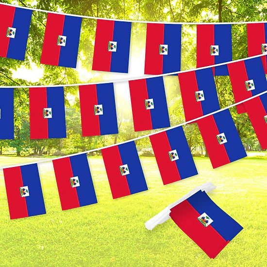 G128 Haiti Haitian Bunting Banner, 33 ft, 38 Flags, 8.2 x 5.5 in, 150D Polyester