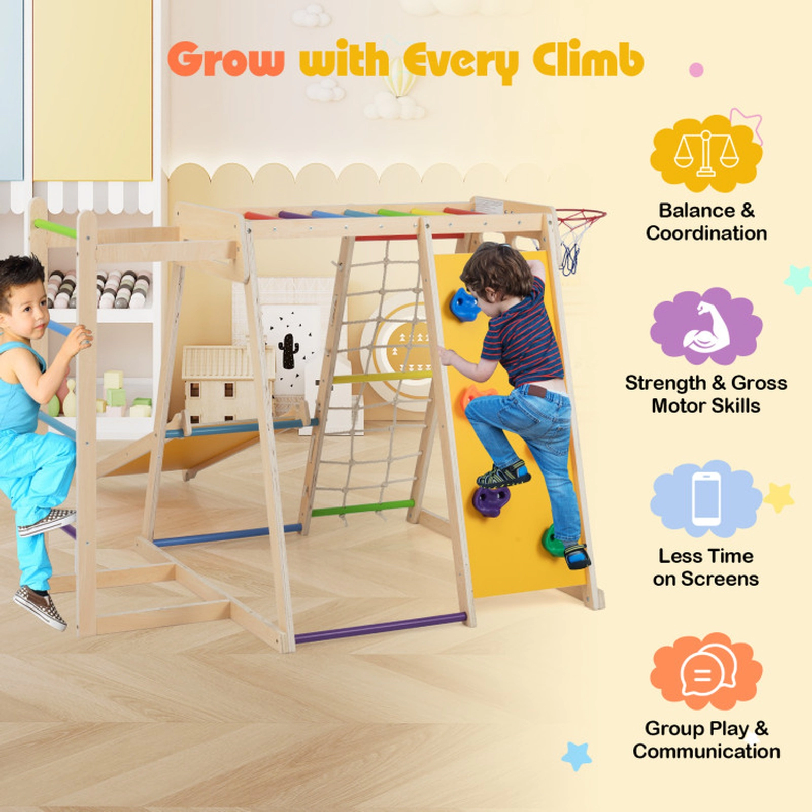 SUGIFT Kids 6-in-1 Climber with Slide Ball Toss and Birch Poles 67.5-in W 43-in D 330-lb Total Capacity Multicolor