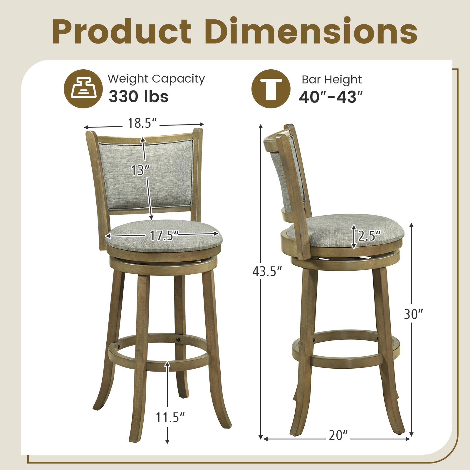 SUGIFT Soft-Padded Swivel Bar Stools Set of 2 with Curved Back and Footrest 350-lb Capacity 21 x 19 x 44.5 in Gray