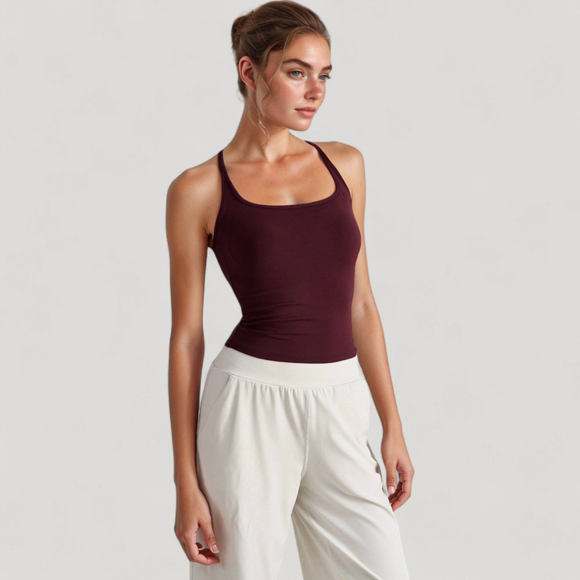 Anna-Kaci Women's Fitted Square Neck Tank Top with Built-In Bra and Racerback Design for Active Casual Comfort
