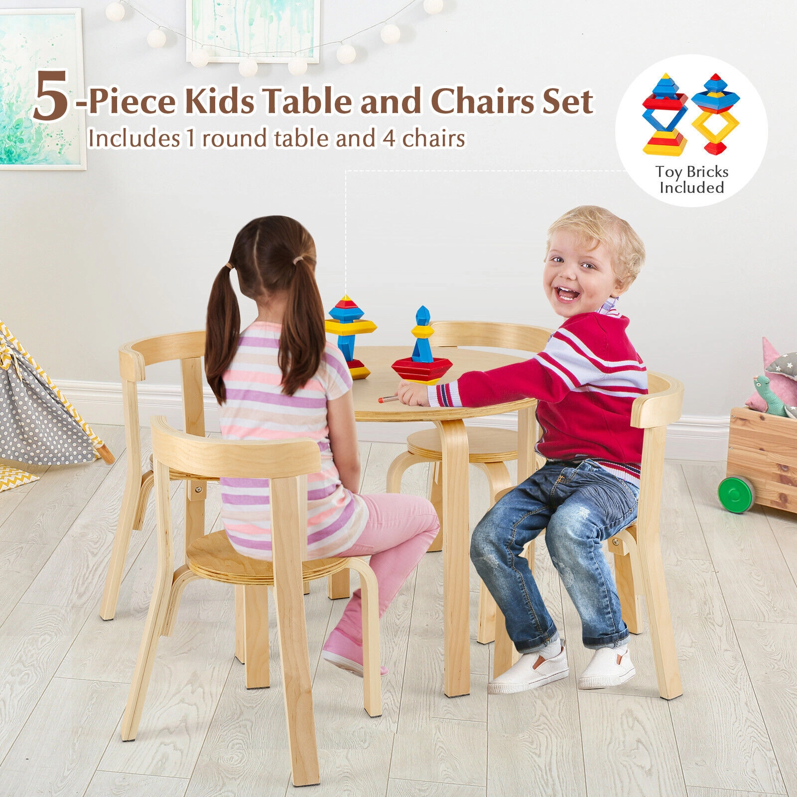 SUGIFT 5-Piece 55-lb Capacity Kids Wooden Round Activity Table and 4 Curved Back Chairs with Toy Bricks