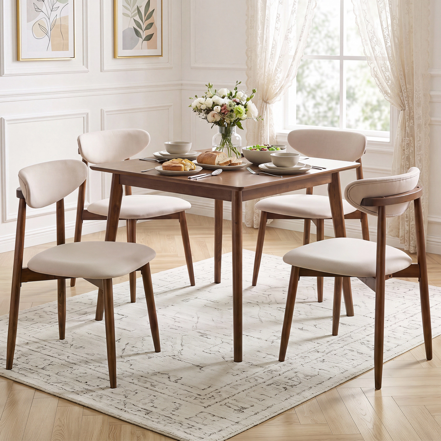 LJG Set of 4 Fabric Upholstered Dining Chairs with Curved Backs