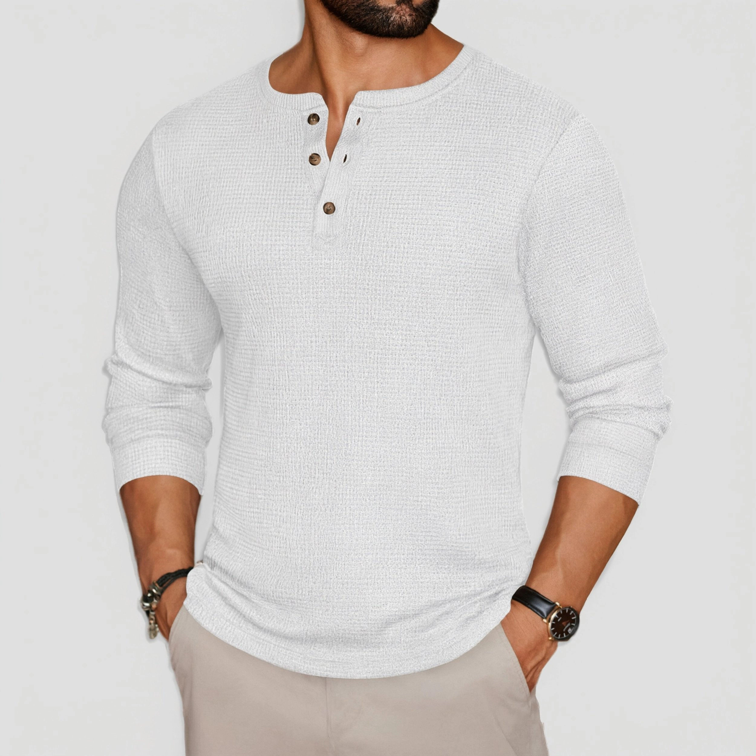 Ekouaer Men's Henley Neck Waffle Knit Long Sleeve T-Shirt