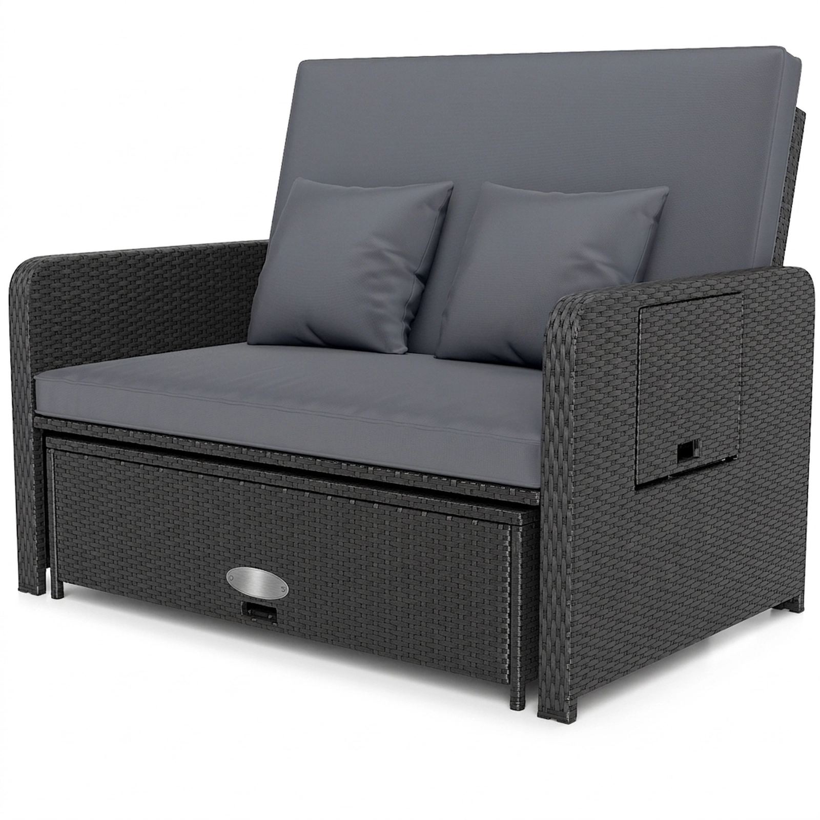 SUGIFT Black Wicker Outdoor Patio Daybed Loveseat, 4-Level Adjustable Backrest, 2 Side Tables