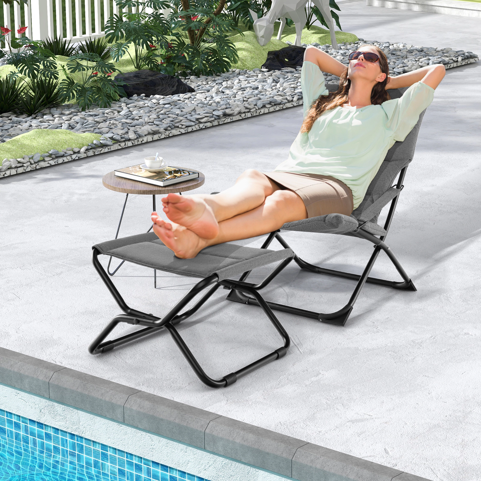 SUGIFT Folding Sling Chair with Ottoman, Removable Olefin Cushion, Gray Metal Frame