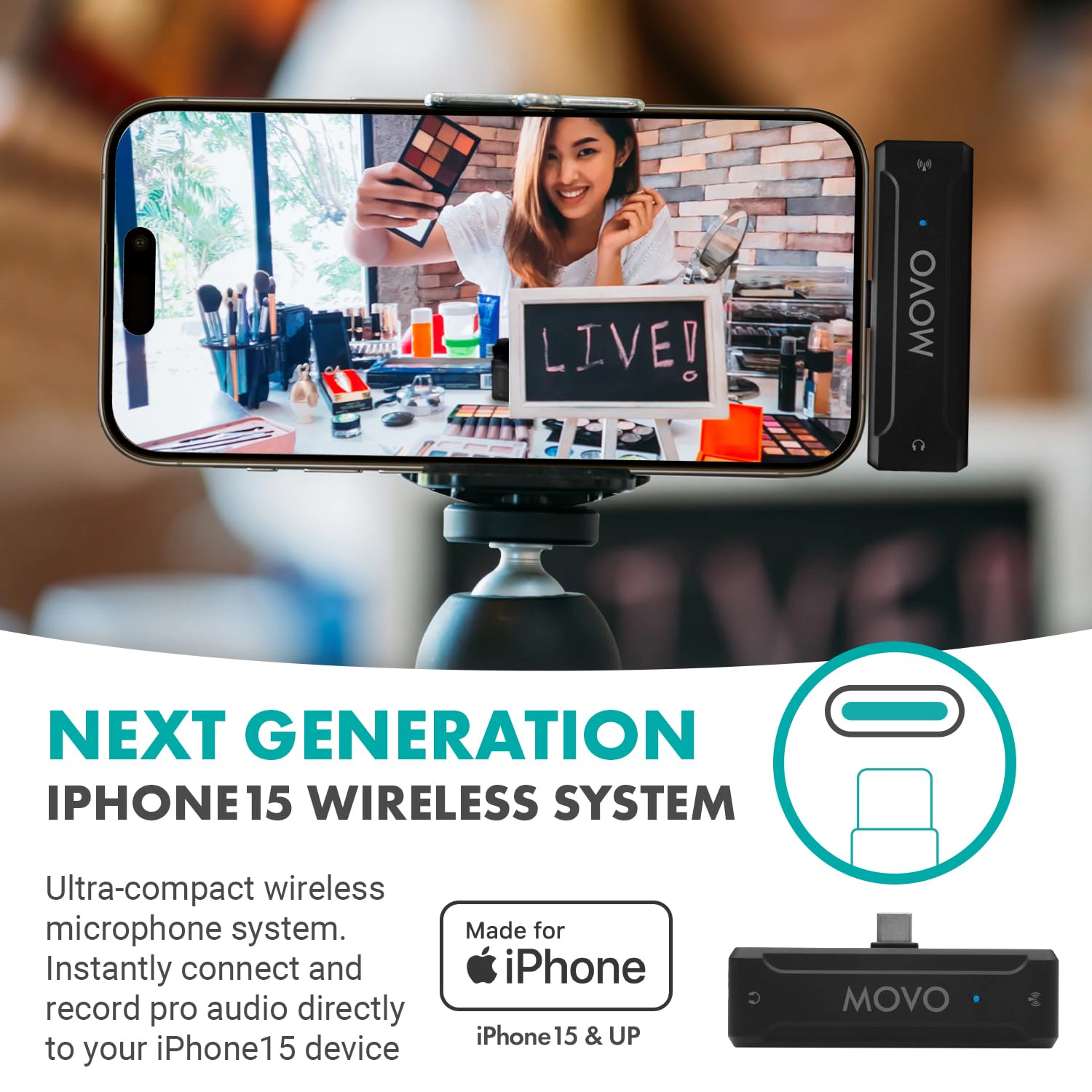 Movo WMX-2-C Wireless Microphone for iPhone 15/16 with Charging Case - 7HR Battery Wireless Lavalier Microphone
