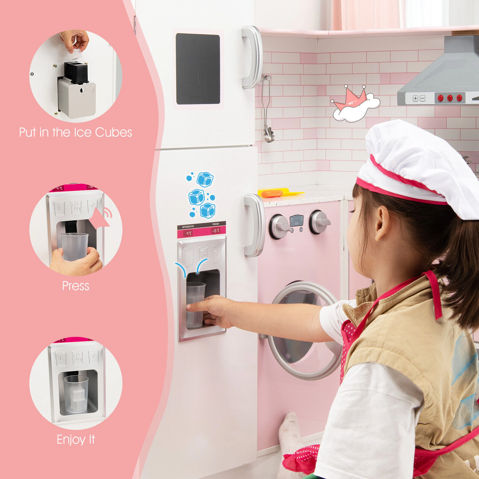 SUGIFT White and Pink Sound Light and Cookware Corner Kids Wooden Play Kitchen Set