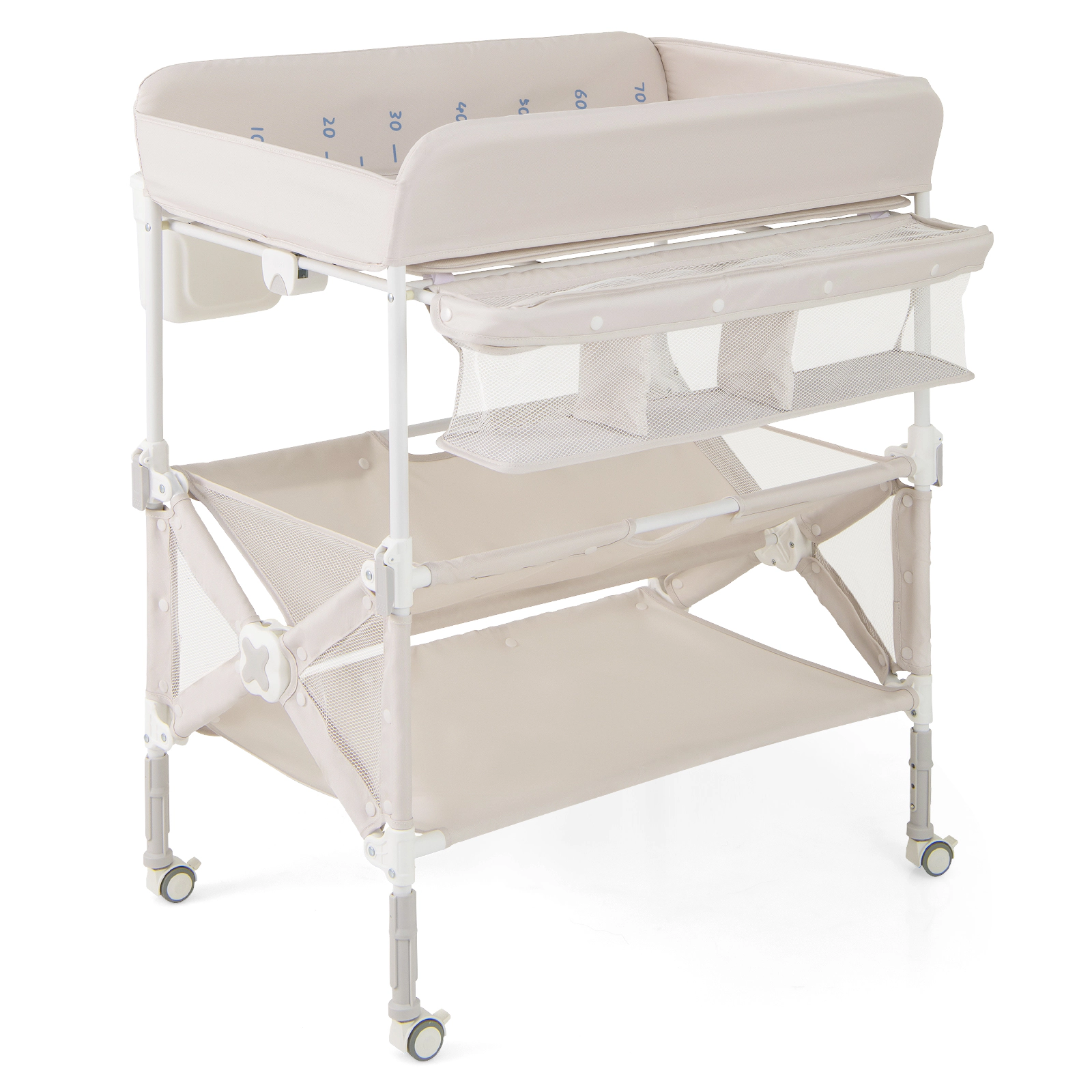 SUGIFT Portable Baby Changing Table with Wheels & Large Storage Rack 24-lb Capacity Ages 0-1 Adjustable Height Gray/Pink