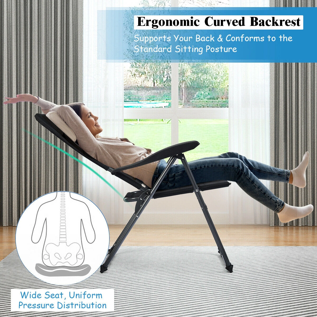 SUGIFT 2-Piece Outdoor Folding Patio Chairs with 7-Position Adjustable Backrests 300-lb Capacity Black/Gray