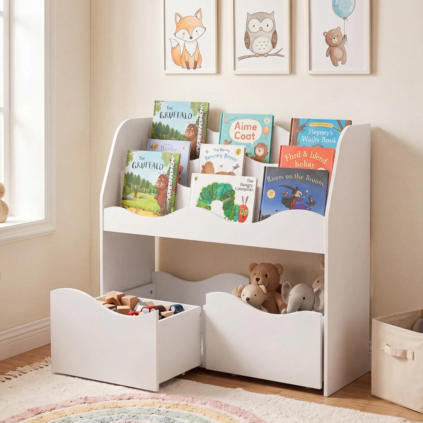 SUGIFT Kids 3-Tier Bookshelf 2 Rolling Drawers Toy Storage Organizer 32.5-in x 12-in x 30-in 33-lb Capacity White