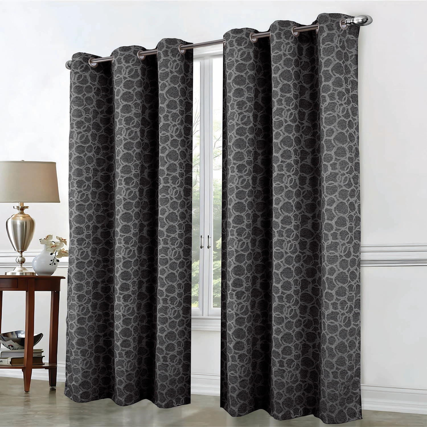 RT Designer Collection Jasper Lurex Jacquard 2 Pack Grommet Curtain Panel 36" x 84" Black