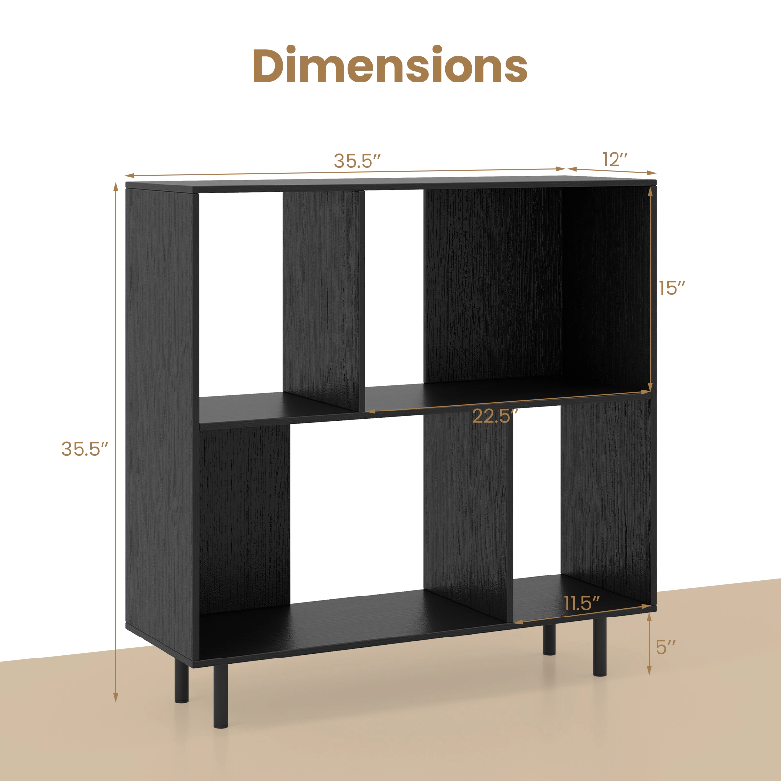 SUGIFT 4-Cube Black 35.5-in Square Cube Storage Organizer Bookshelf with Metal Legs and 2 Anti-Tipping Kits