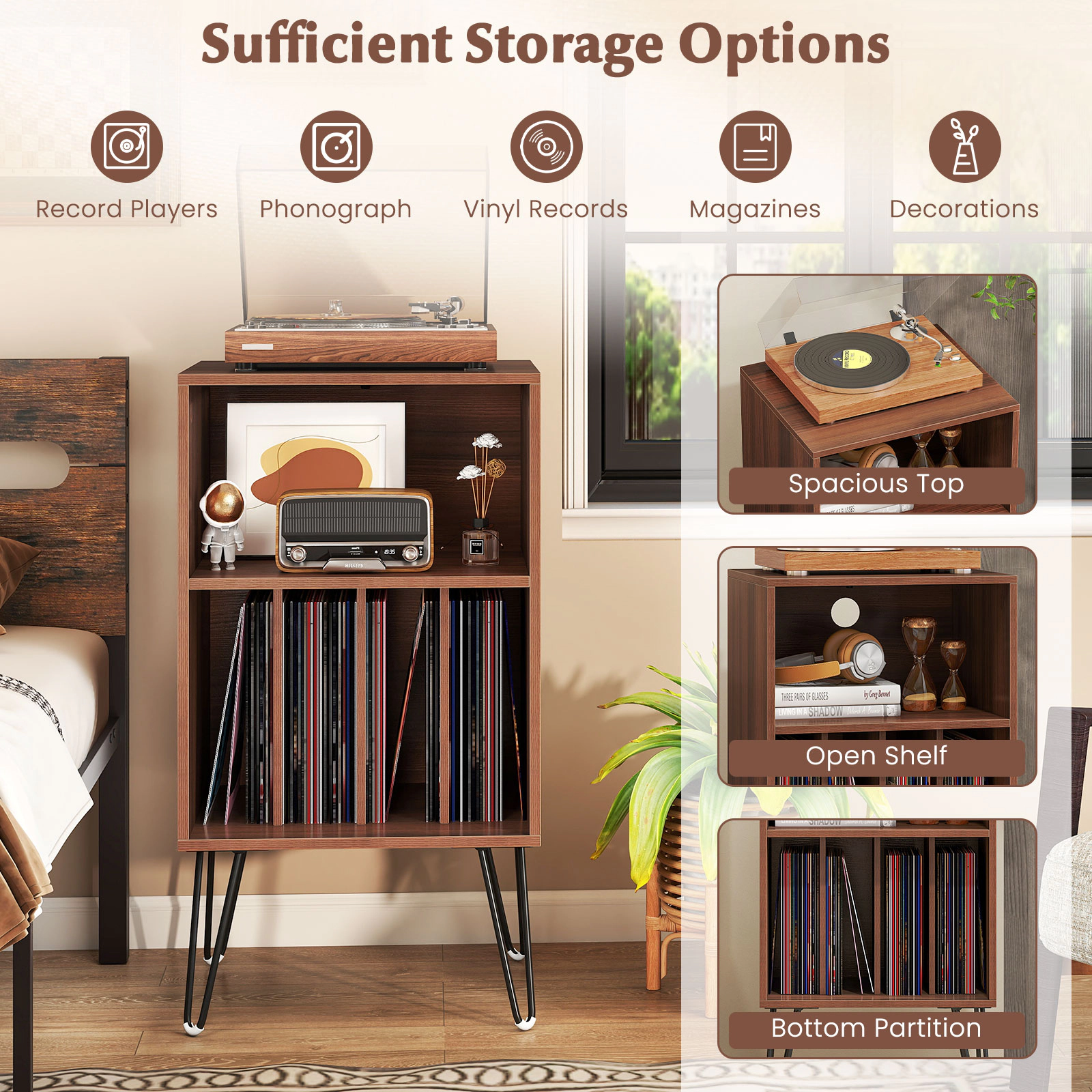 SUGIFT Walnut 3-Tier Record Player Stand with Vinyl Storage and Charging Station