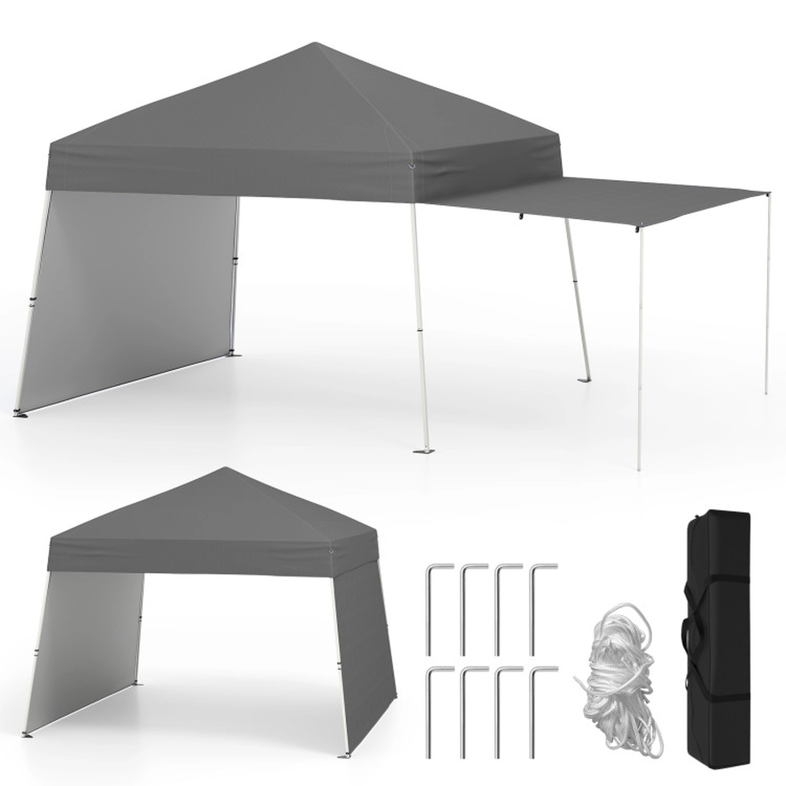 SUGIFT Gray Adjustable Pop Up Canopy Tent with 2 Convertible Sidewalls and Awning Poles 14-ft W 9.2-ft D 8.7-ft H