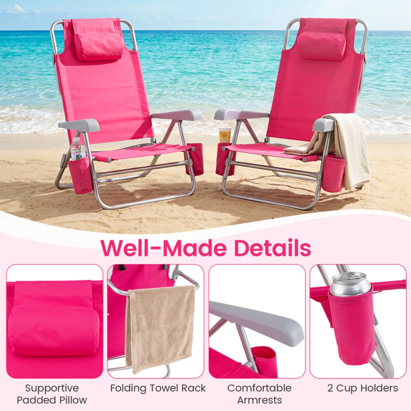 SUGIFT 2-Pack Pink Folding Backpack Beach Chairs with 7-Position Recline, Cooler Bag and Cup Holders