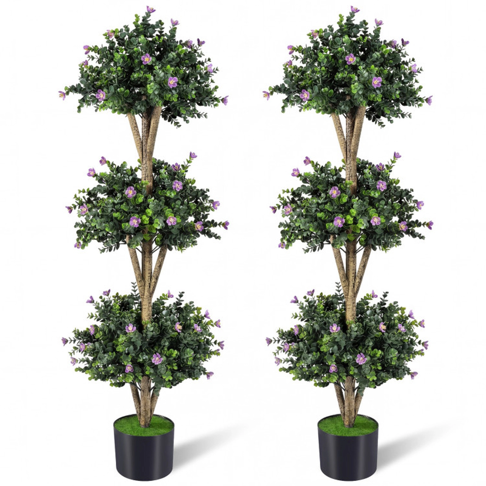 SUGIFT 51-in Artificial Triple Ball Boxwood Topiary Tree with 59 Blossoms Set of 2 Artificial Trees Green and Black