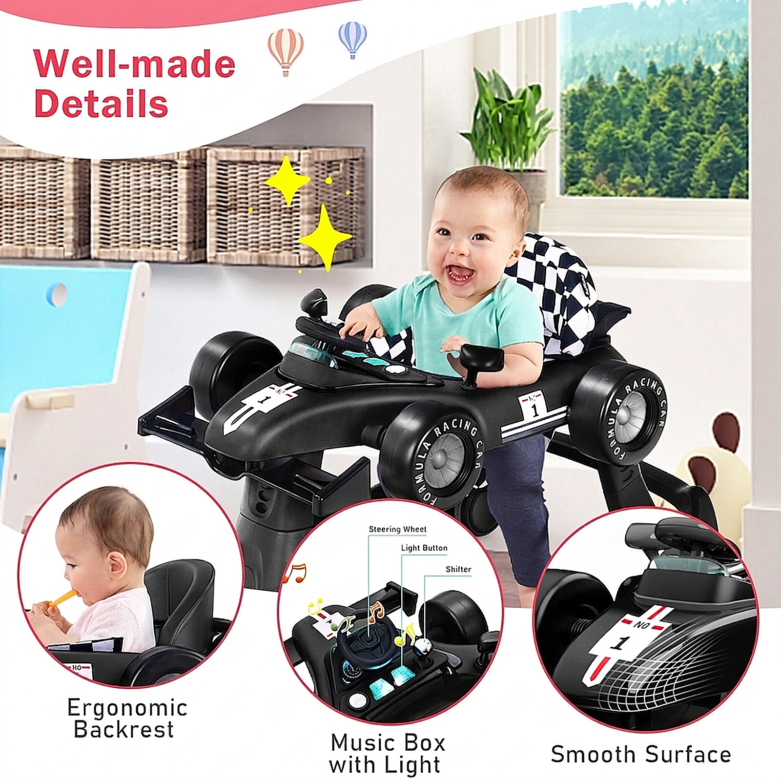 SUGIFT Adjustable Height and Music 4-in-1 Foldable Baby Activity Push Walker