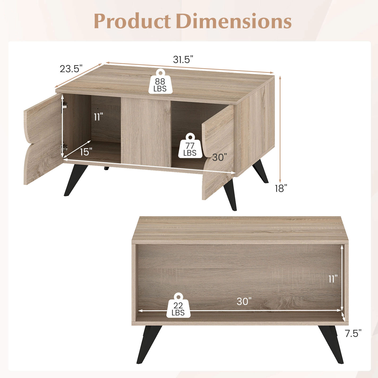 SUGIFT 3-Door Storage Cabinet Open Compartment MDF Coffee Table 31.5-in x 23.5-in x 18-in 88-lb Capacity Natural