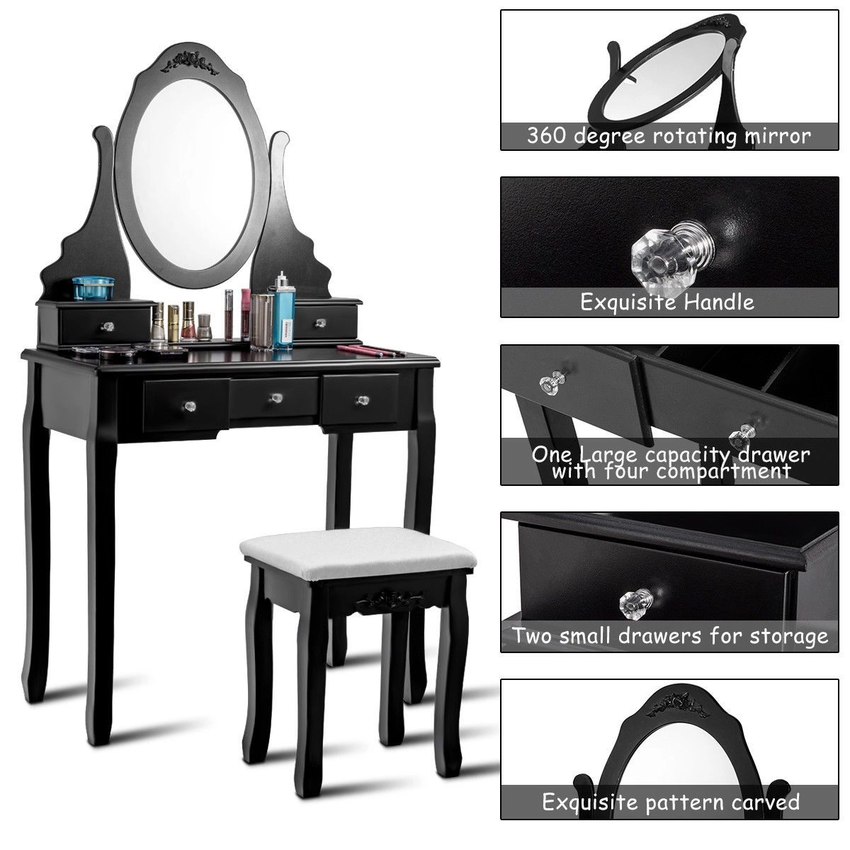 SlickBlue Mirrored Vanity Table Set with Stool and 5 Storage Drawers