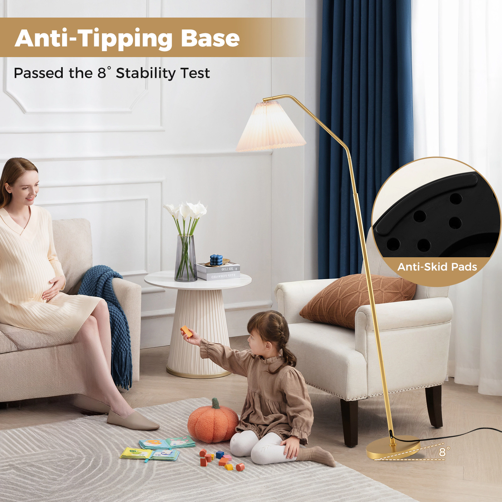Slickblue Adjustable Arc Floor Lamp 66in Gold Metal Fabric Shade E26 Base Living Room Light