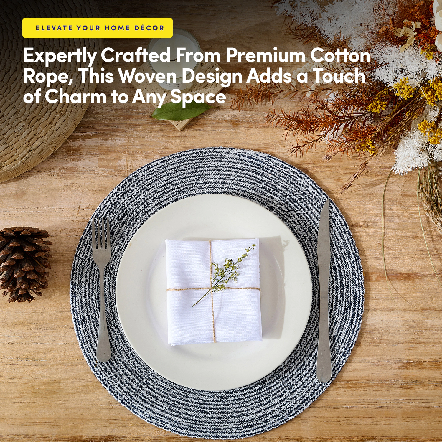 Sweet Home Collection Two Tone Cotton 15" Round Woven Placemat Sets -Pack