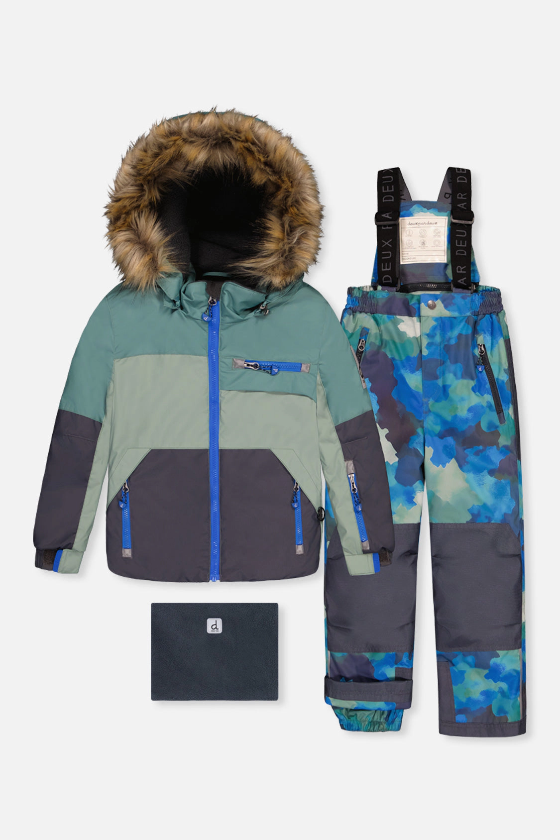 Deux par Boys Colorblock Two Piece Play Snowsuit with Hooded Jacket and Camouflage Snow Pants
