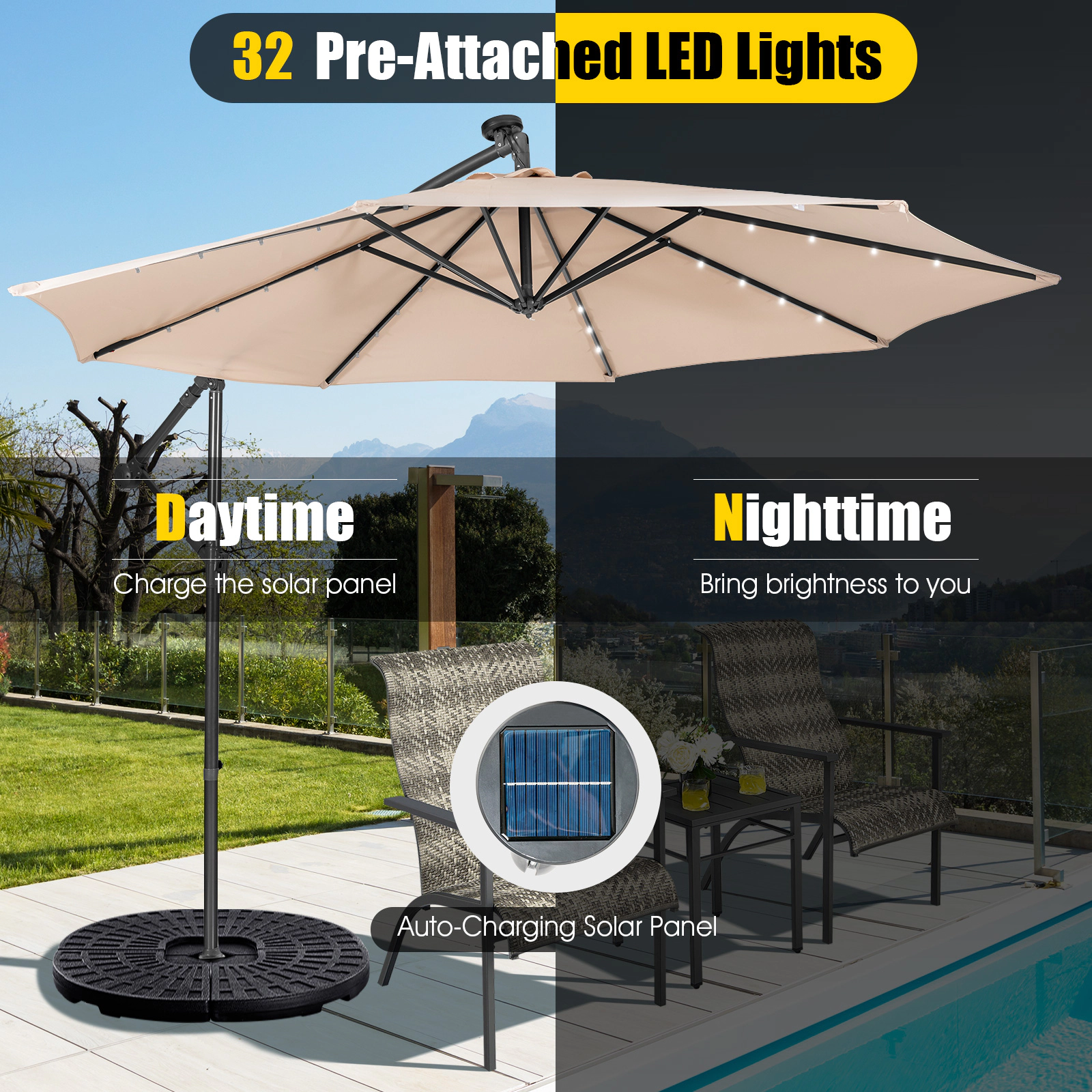 SUGIFT 10-ft Solar Powered Cantilever Patio Umbrella with Crank Tilting System and 39 x 39 x 2 in Crossed Base Beige