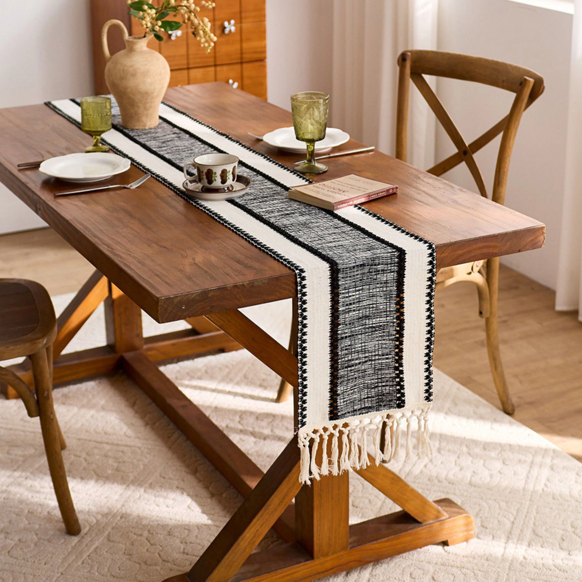 Alilang Unisex Textured Woven Table Runner with Fringe Edges and Bohemian Stripe Pattern 47x11.8
