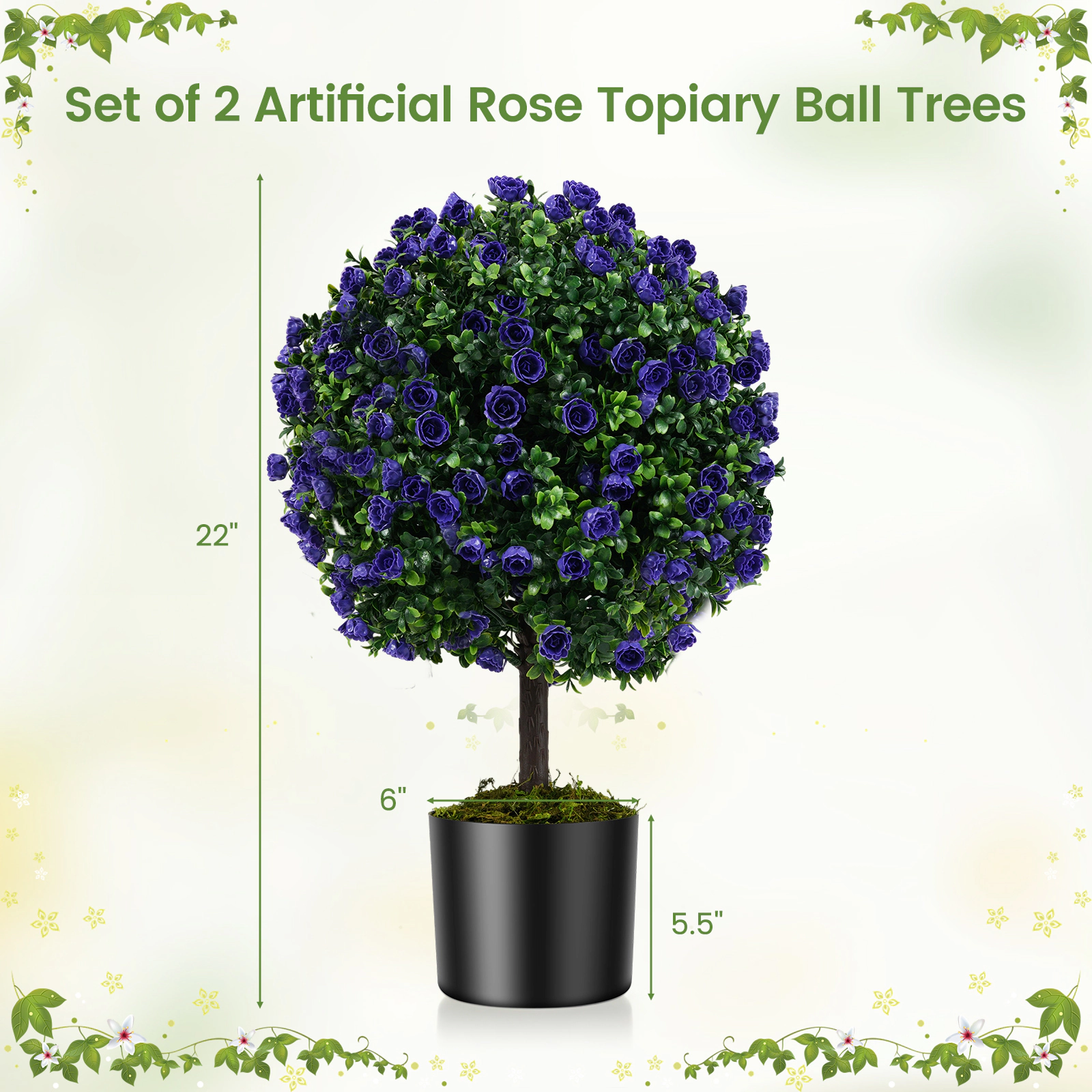 Slickblue 2 Pieces Artificial Rose Topiary Ball Trees with Purple Flowers for Indoor and Outdoor