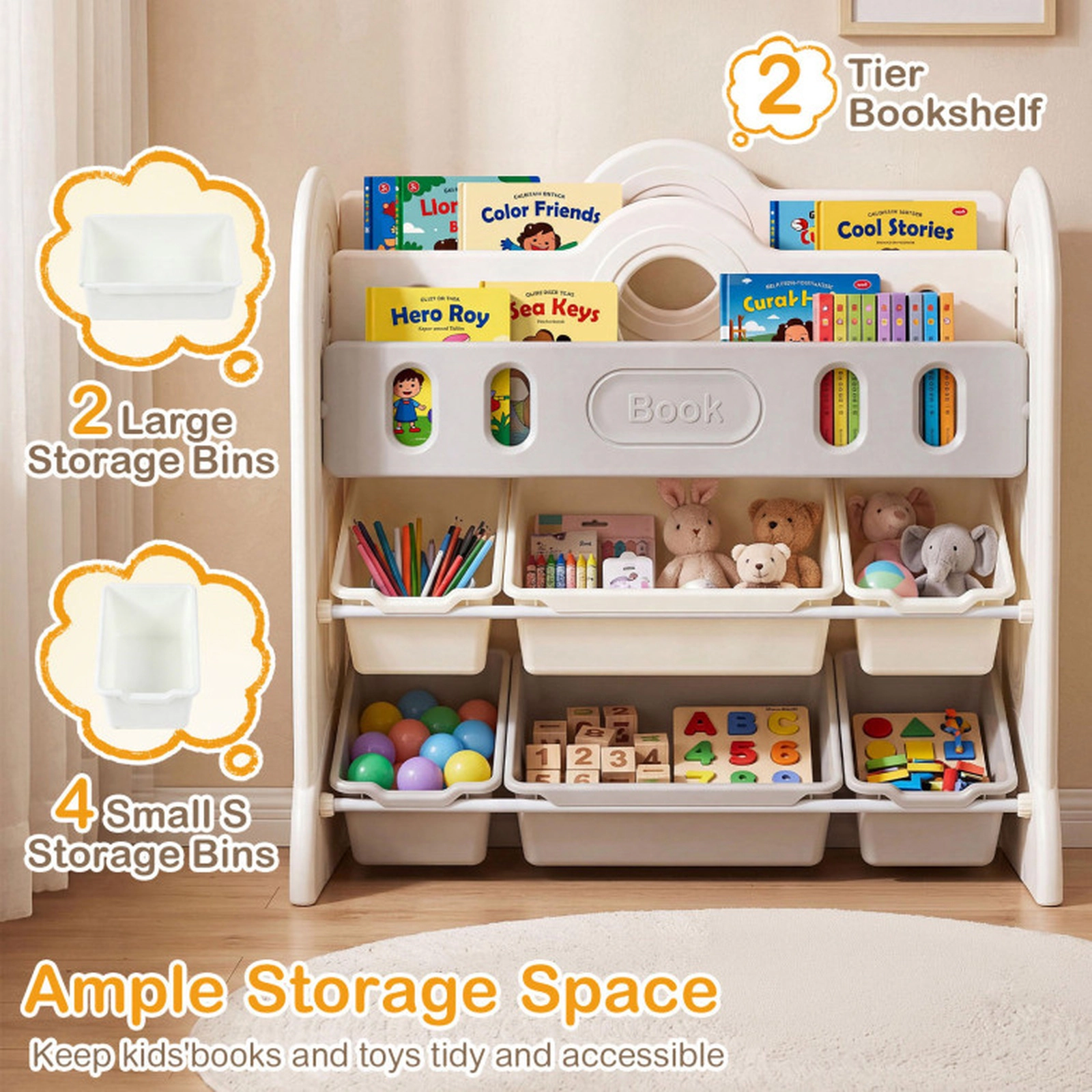 SUGIFT 2-Tier Front-Facing Kids Bookshelf and Toy Storage Organizer Ages 3+ with 2 Large and 4 Small Bins White + Gray
