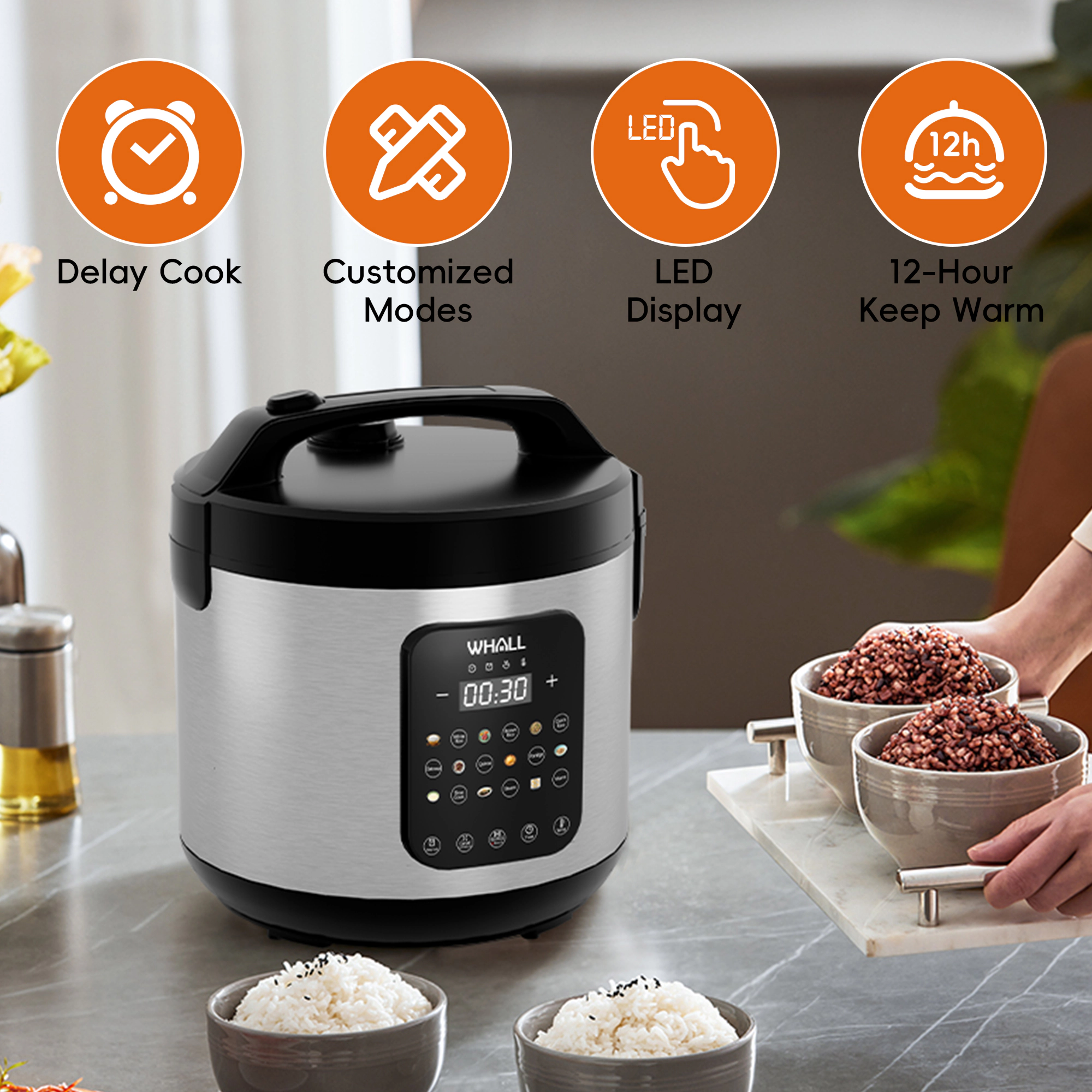 WHALL Digital Multi‑Cooker, 5‑Quart 9‑in‑1 Rice Cooker with Slow Cook, Steam, Oatmeal, Quinoa, Porridge, Delay Timer & A