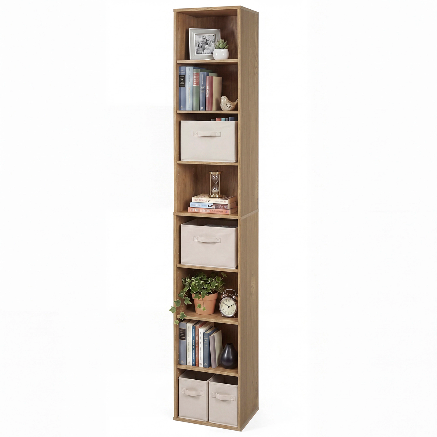 LJG 8-Tier Narrow Bookshelf with 4 Adjustable Shelves and Storage Cubes