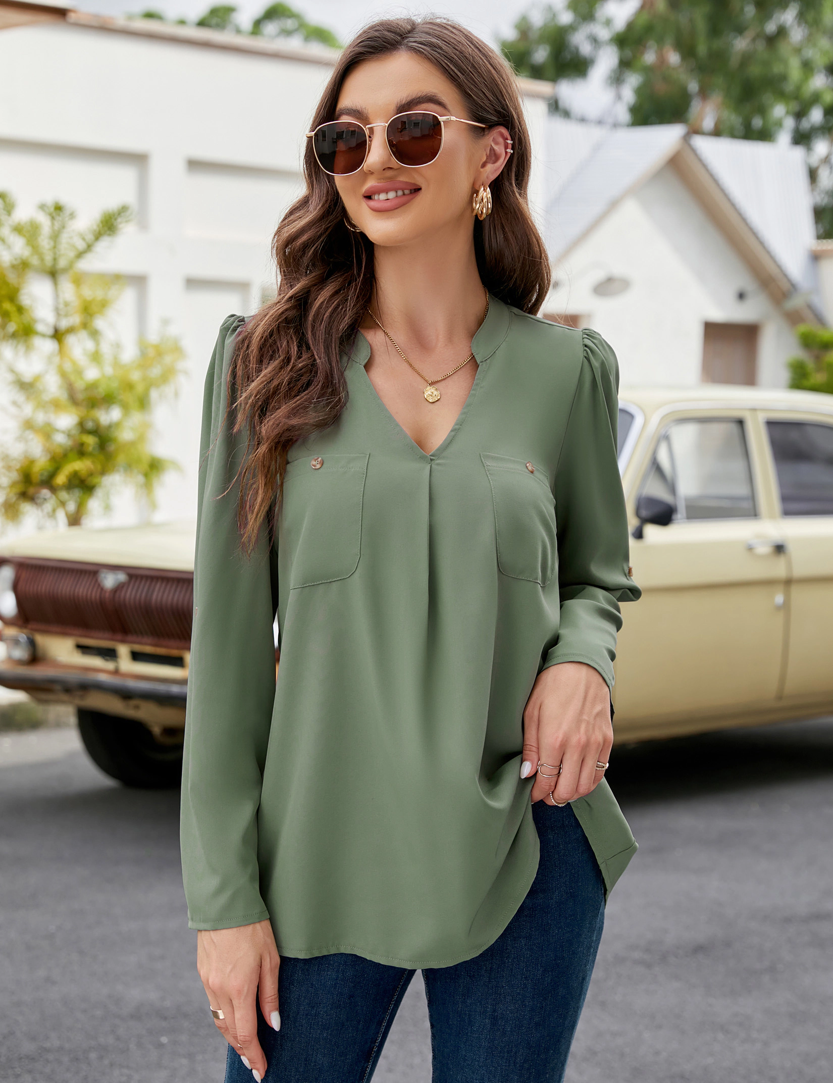 KOJOOIN Women's Chiffon Blouse Split V Neck Roll Tab Long Sleeve Tunic Top Casual Office Business Shirt