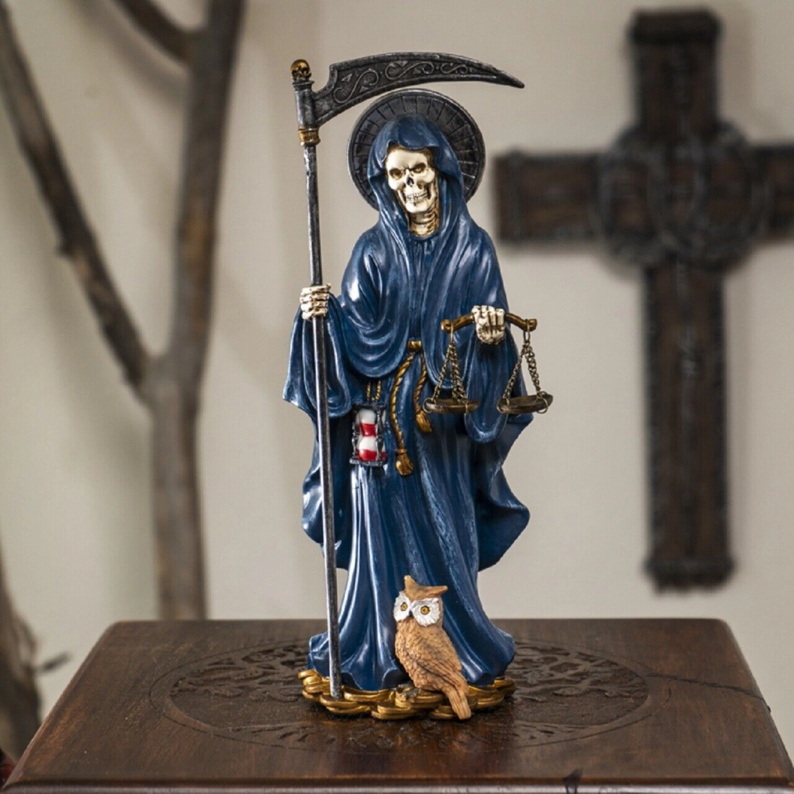 Pacific Giftware Santa Muerte Blue Gown with Owl Figurine Death 10 Inch