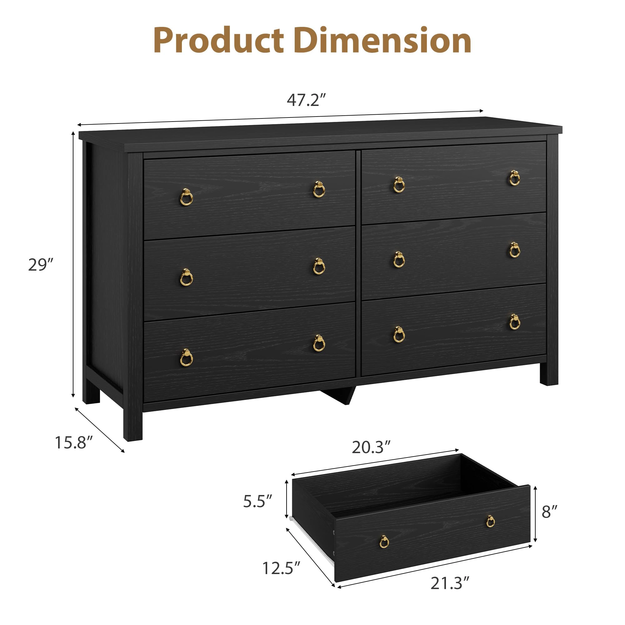 6 Drawer Modern Dresser, 47" Wide Wooden Storage Chest & TV Stand for Bedroom Living Room Hallway