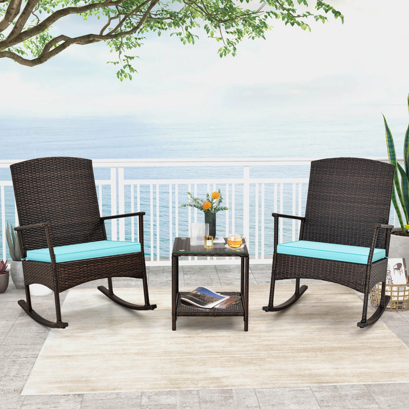 SUGIFT 3-Piece Turquoise Patio Wicker Rocking Chair Set with 2-Tier Glass Table 18-in Seat H 400-lb Chair Capacity